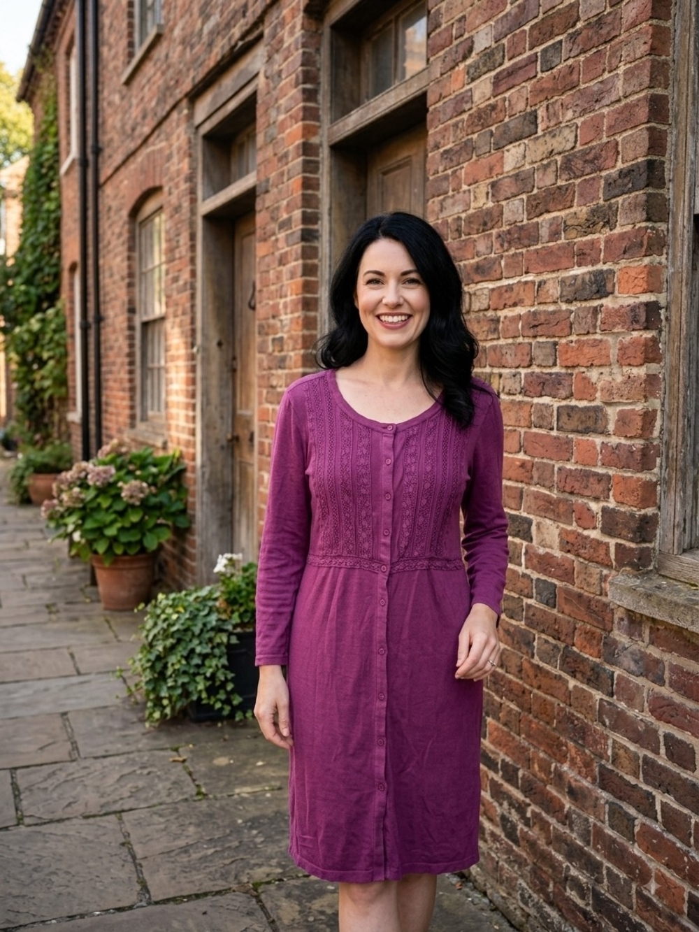 April Cornell Raspberry Button-Front Long-Sleeve Dress